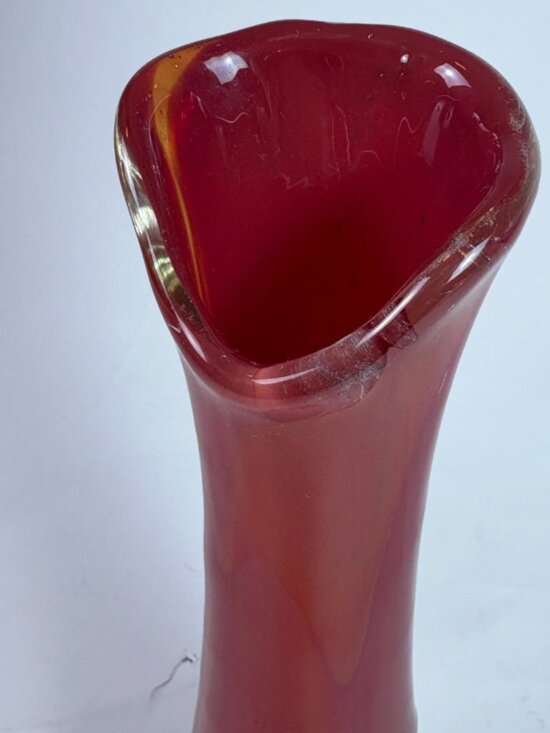hand blown art glass vase, mod vintage slag glass flame red  Vintage Hand Blown Red Art Glass Vase – Swung Vase with Ruffled Rim